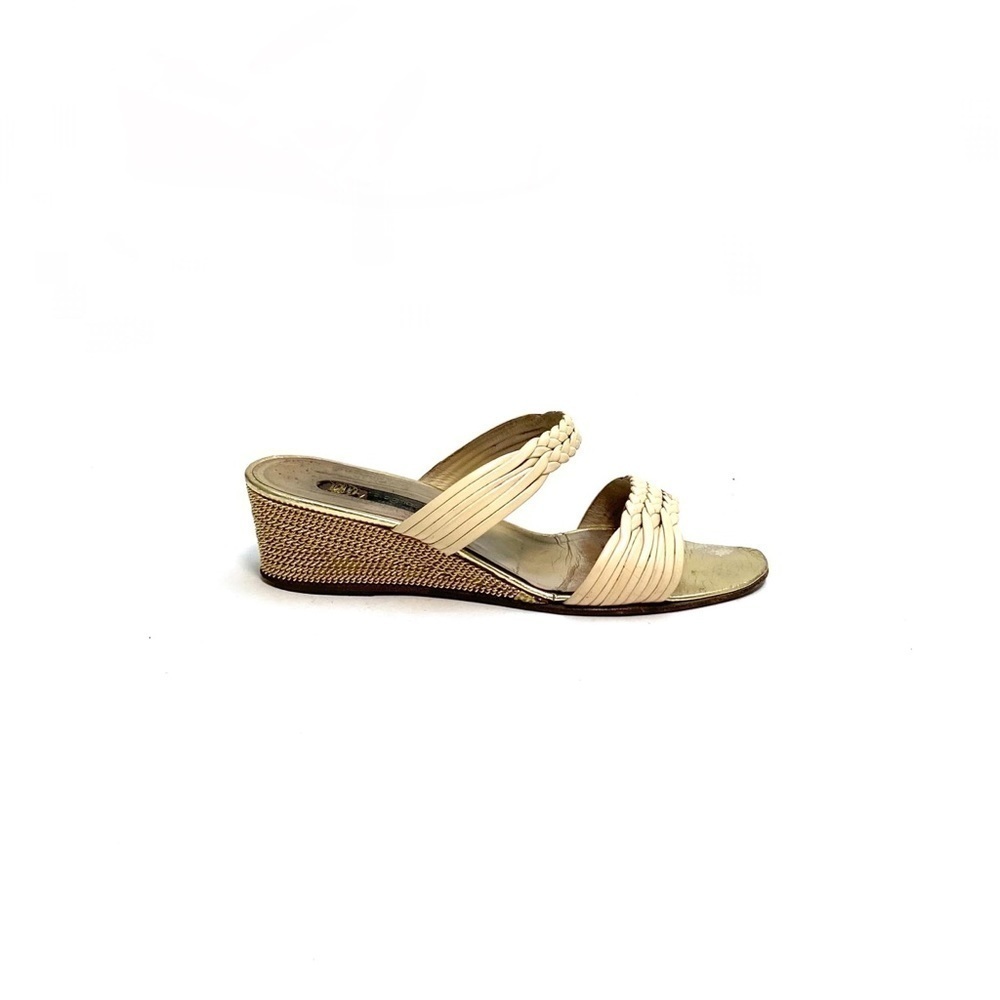 Vintage 1970s Ivory Leather Strapped Wedge Disco Sandals